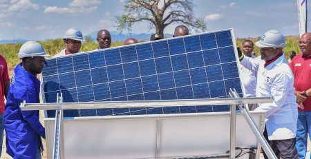 Minister Matola symbolically installs a solar panel